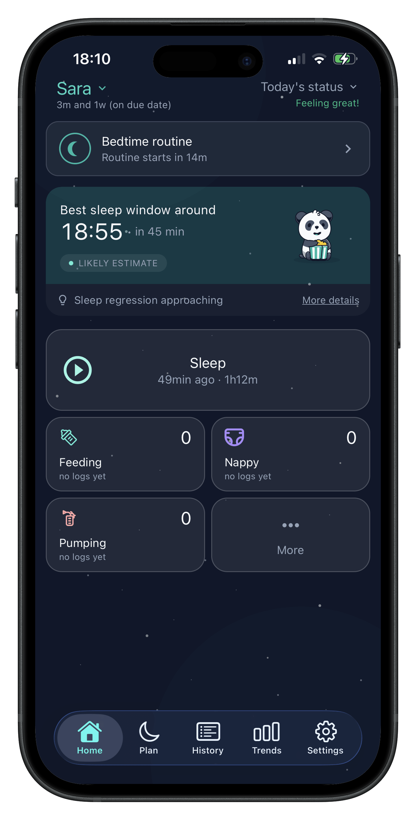 Hushly home screen predicting the best sleep window at 19:30 with pattern detection
