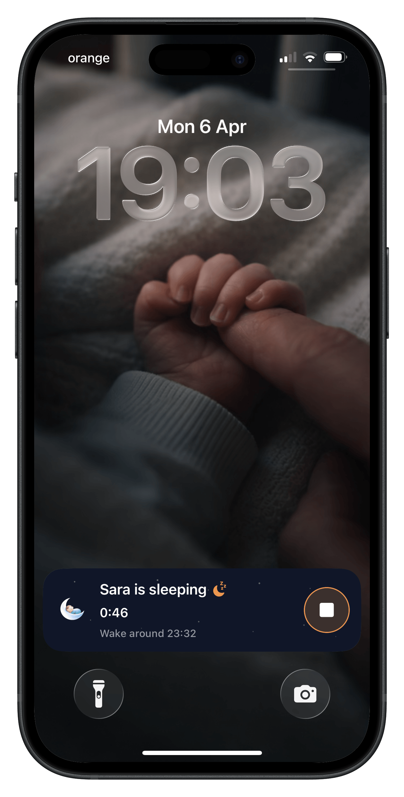 iPhone lock screen showing Hushly live activity: baby is sleeping, wake around 23:32